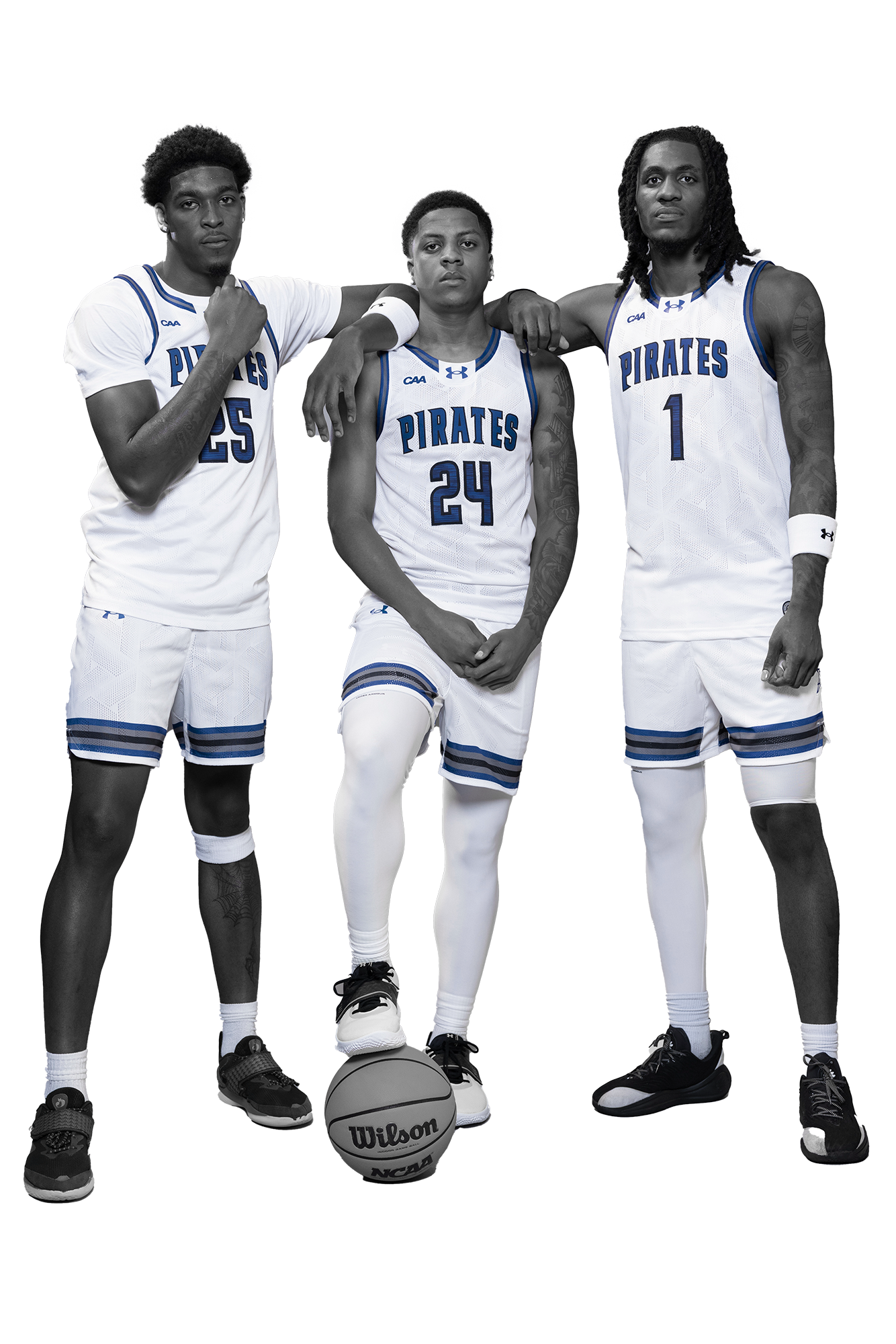 Three basketball players in 'Pirates' uniforms standing together with a basketball.