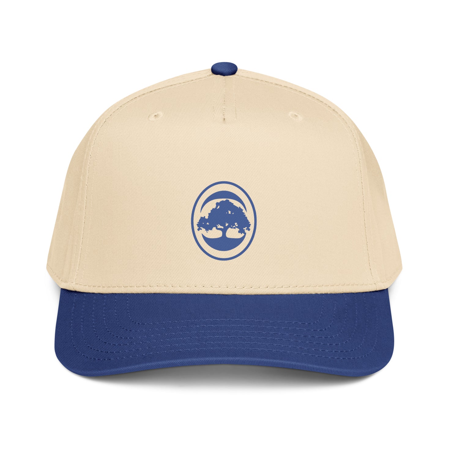 Beige and blue cap with 68 Oak logo on a white background