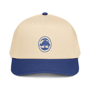 Beige and blue cap with 68 Oak logo on a white background