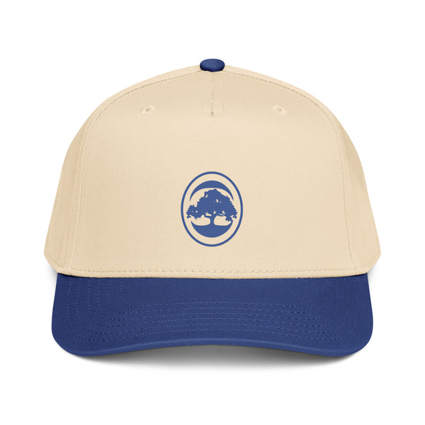 Beige and blue cap with 68 Oak logo on a white background