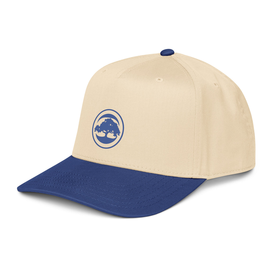 Side view of the beige and blue cap with 68 Oak logo on a white background