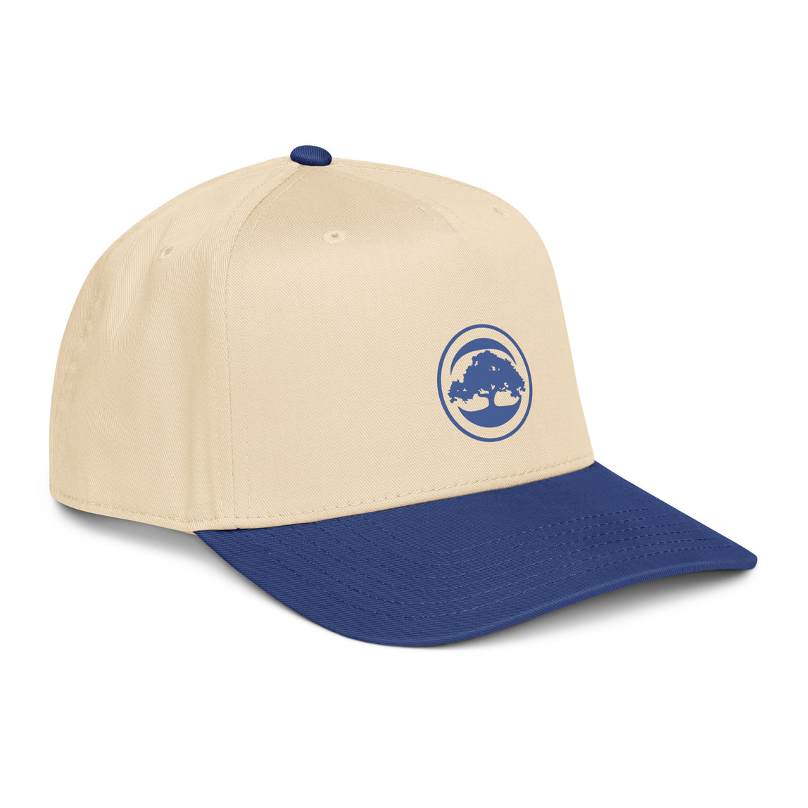 Side view of the beige and blue cap with 68 Oak logo on a white background