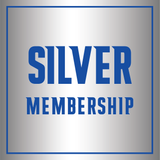 Silver membership logo with blue text on a metallic background