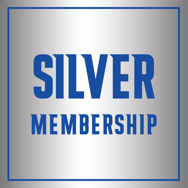 Silver membership logo with blue text on a metallic background