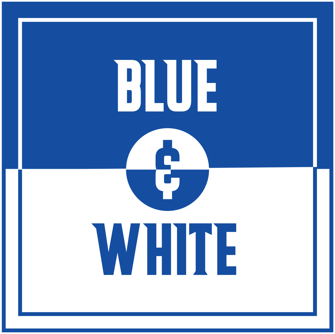 Blue and white 68 Oak Collective membership graphic with the words “Blue & White” and a dollar symbol in the center.