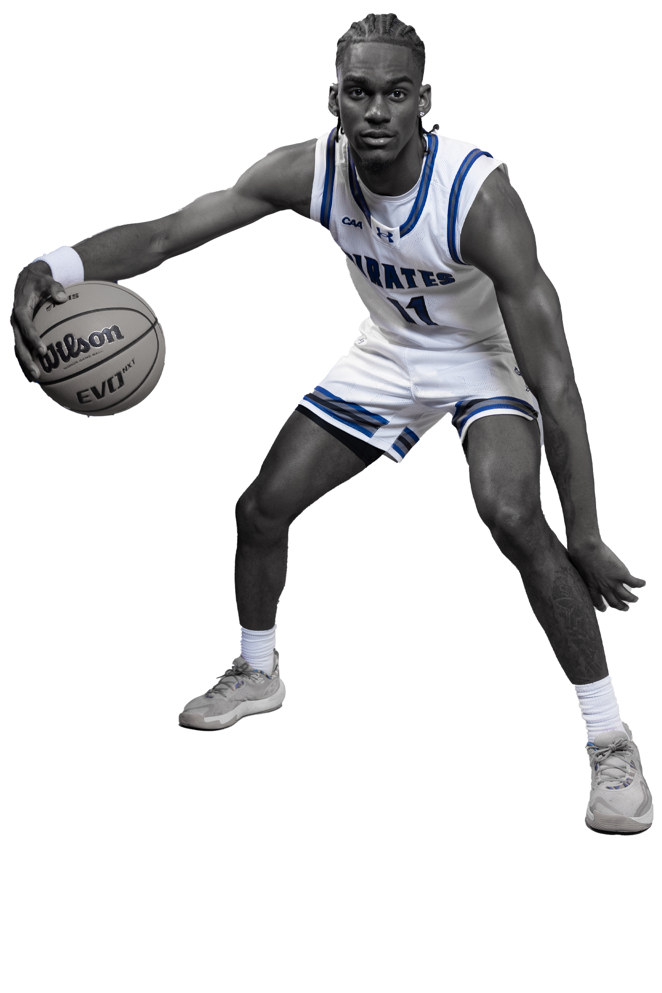 Basketball player in a white uniform with blue accents, posing with a basketball.