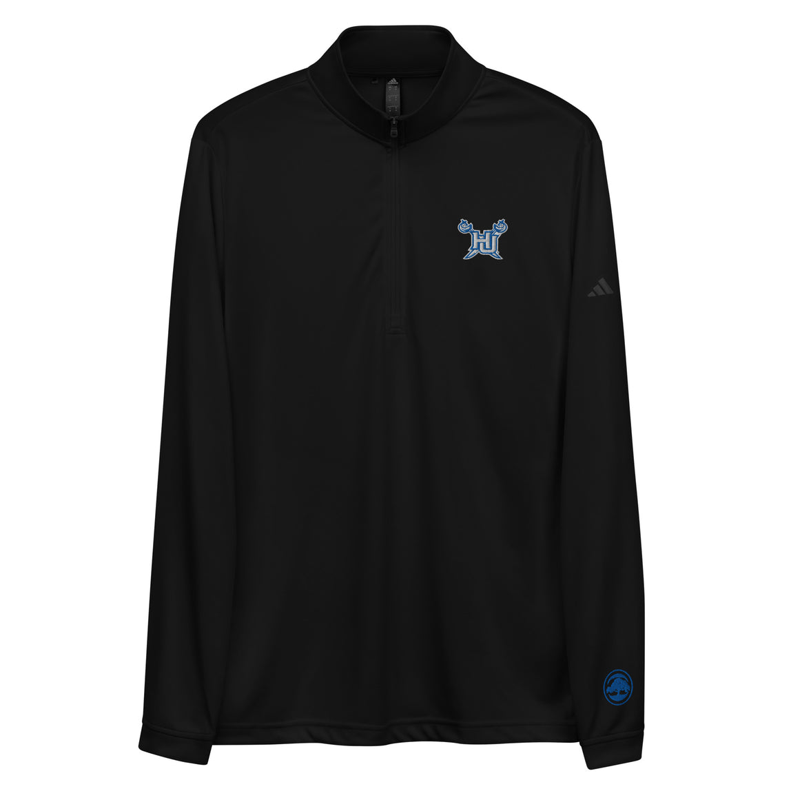 Black Adidas quarter-zip pullover with HU branding against a white background.
