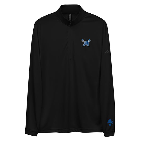 Black Adidas quarter-zip pullover with HU branding against a white background.