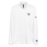 The front of the Adidas white quarter zip on a white background