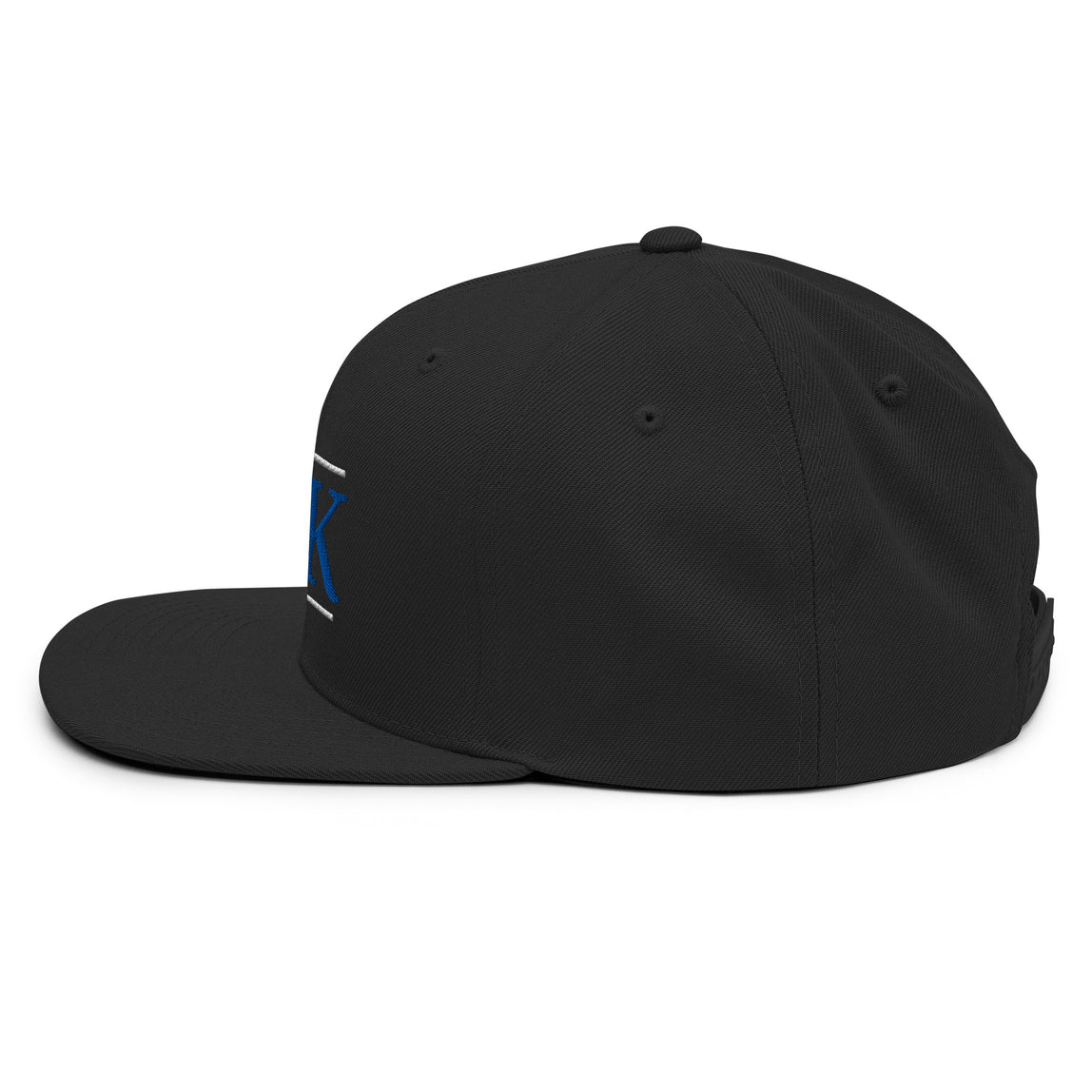 Side view of the black classic snapback hat with 68 Oak logo.