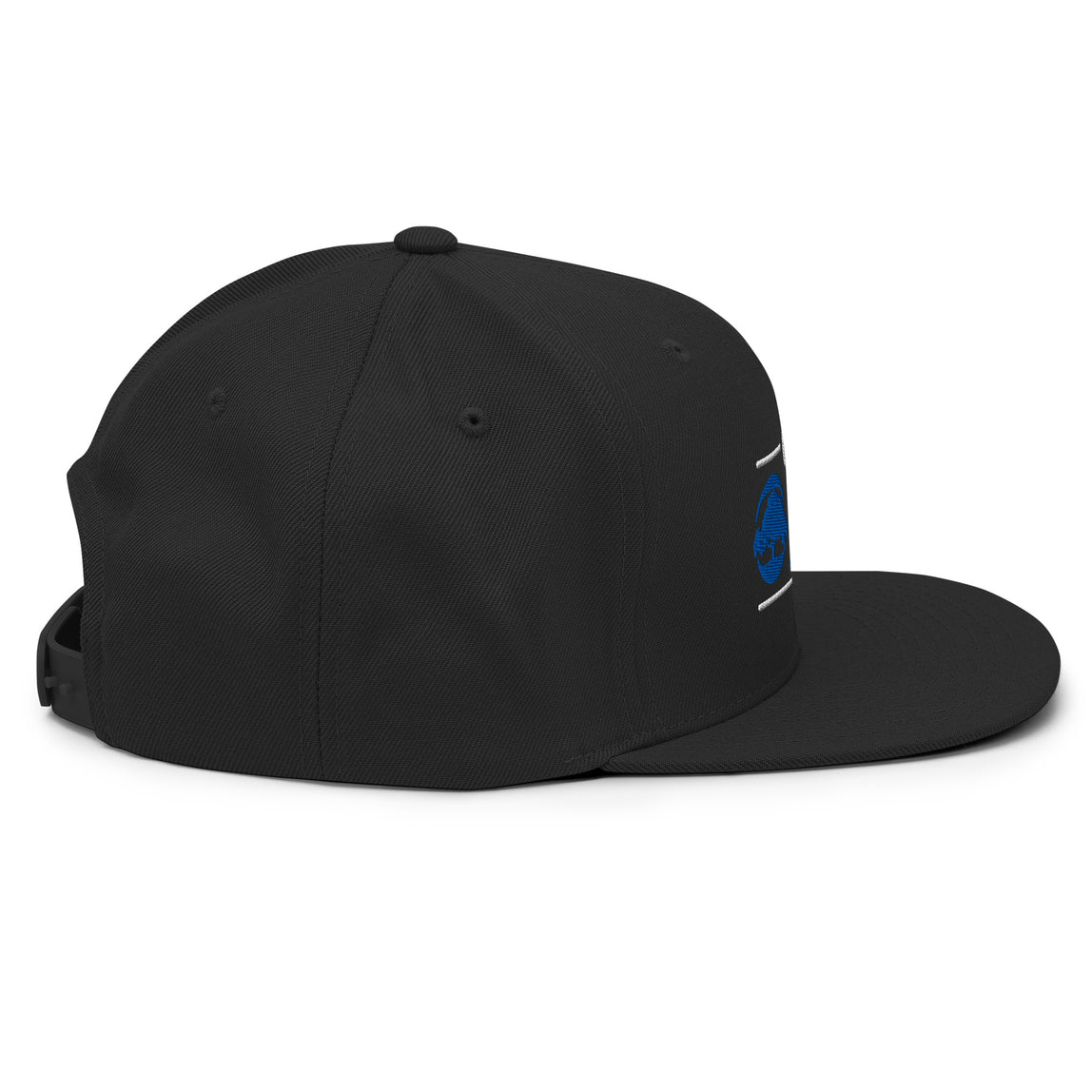 Side view of the black classic snapback hat with 68 Oak logo.