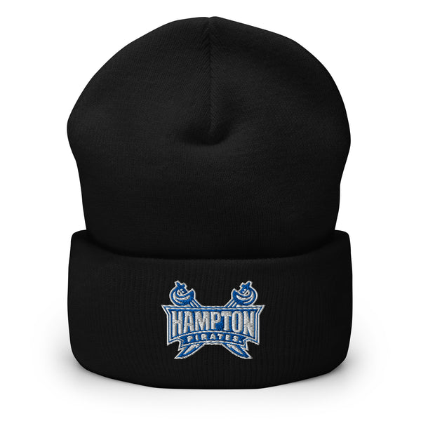 Cuffed black beanie with Hampton Pirates logo on the front.