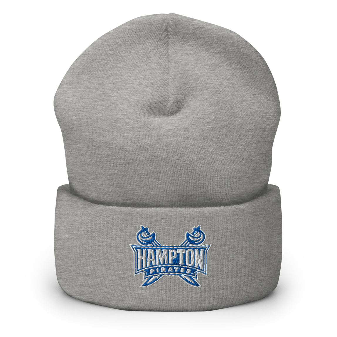 Cuffed  beanie in heather grey with Hampton Pirates logo on the front.
