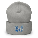 Cuffed  beanie in heather grey with Hampton Pirates logo on the front.