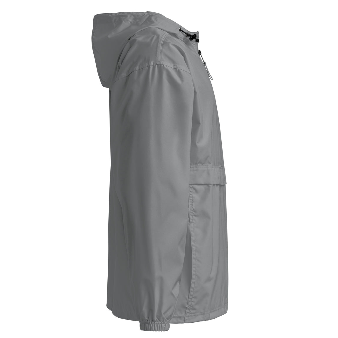 Side view of embroidered Champion Packable Jacket in graphite with HU and 68 Oak logo.