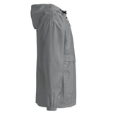 Side view of embroidered Champion Packable Jacket in graphite with HU and 68 Oak logo.