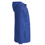 Side view of embroidered Champion Packable Jacket in blue with HU and 68 Oak logo.