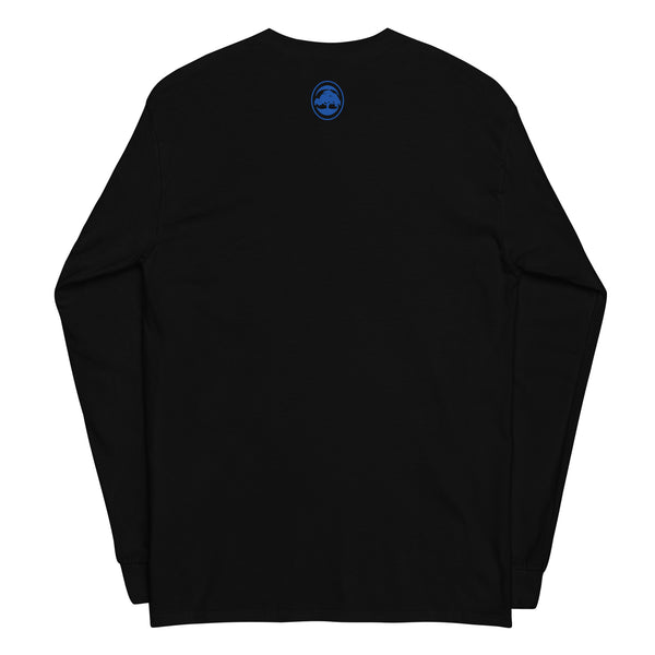 Back of men's black long-sleeve shirt  against a white background