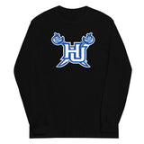 Men's longsleeve with a blue and white HU logo on a white background.
