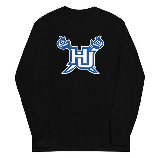 Men's longsleeve with a blue and white HU logo on a white background.