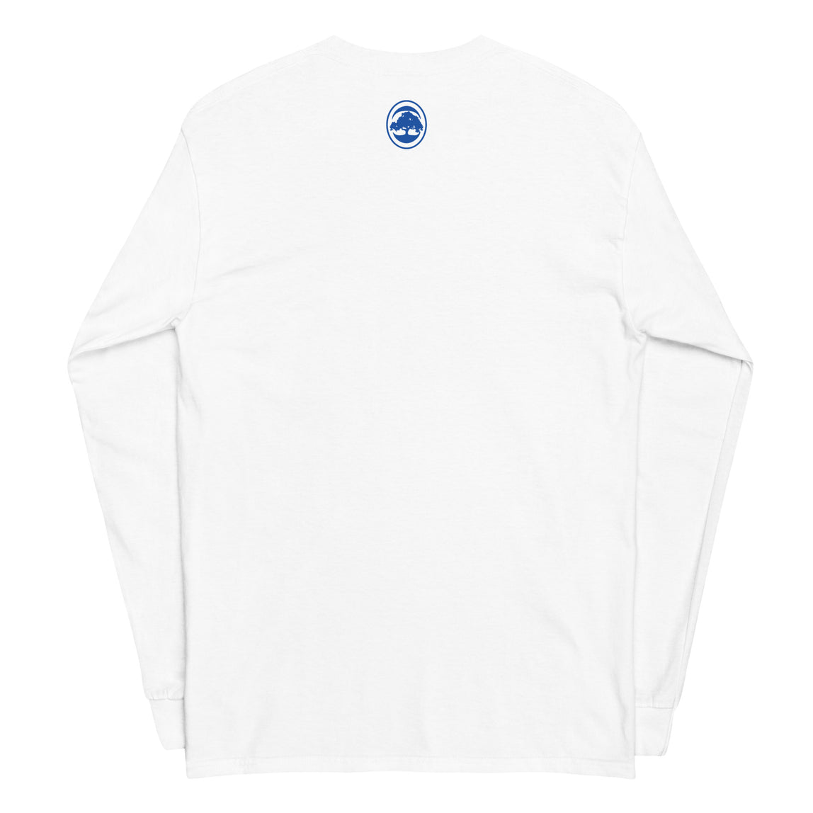 White long-sleeve shirt with a blue HU logo on a white background