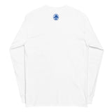White long-sleeve shirt with a blue HU logo on a white background