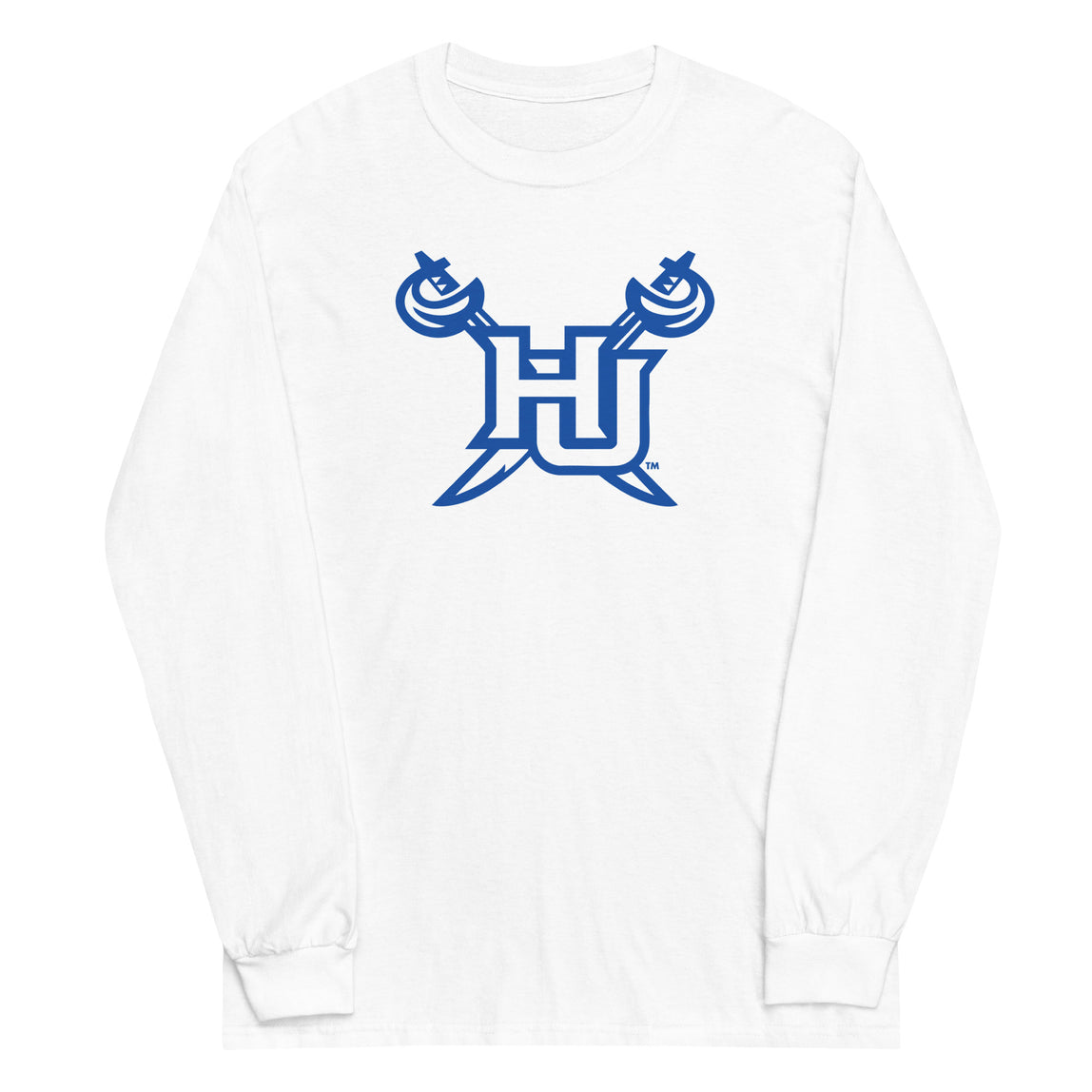 White men's long-sleeve shirt with blue HU logo on a white background.