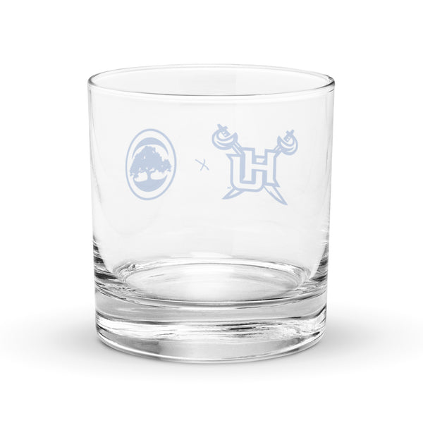 Clear rocks glass with HU & 68 Oak logo.