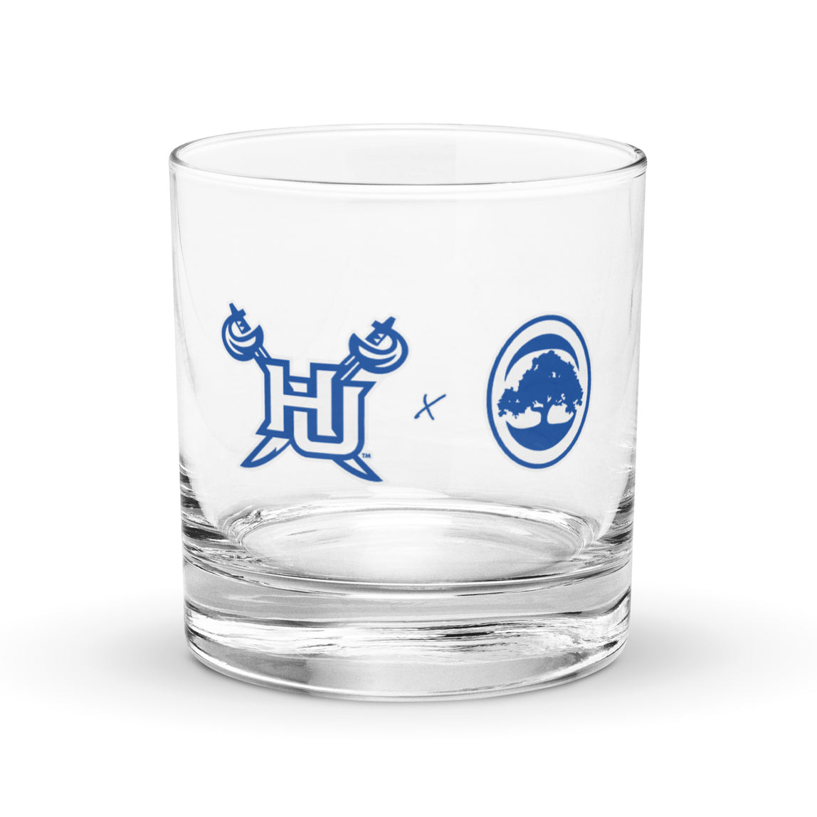 Clear rocks glass with HU & 68 Oak logo.