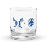 Clear rocks glass with HU & 68 Oak logo.