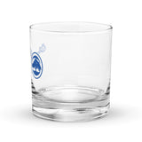 Clear rocks glass with HU & 68 Oak logo.