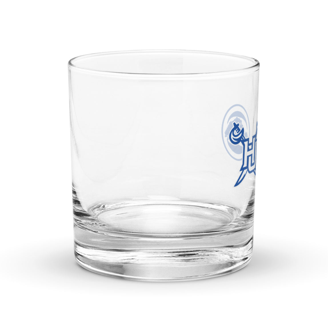 Clear rocks glass with HU & 68 Oak logo.