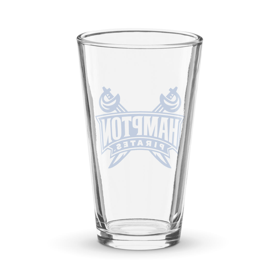 Clear shaker pint glass with blue Hampton Pirates logo on a white background