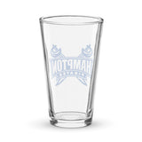 Clear shaker pint glass with blue Hampton Pirates logo on a white background