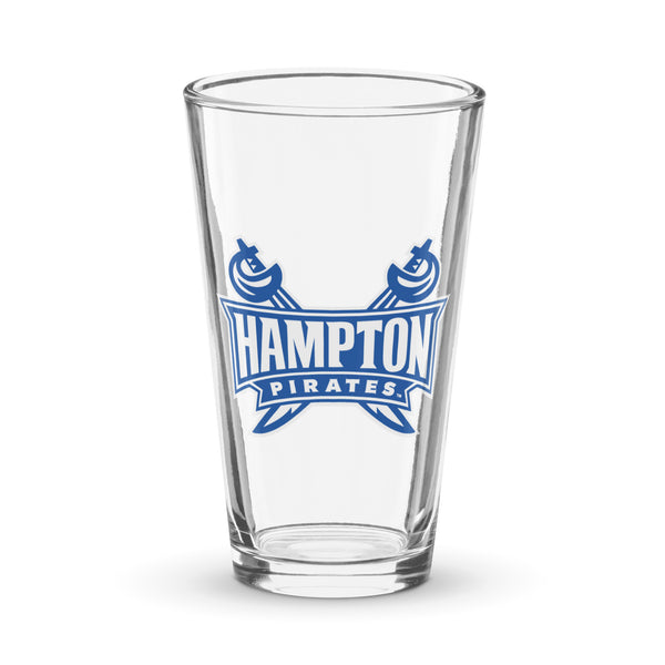 Clear shaker pint glass with blue Hampton Pirates logo on a white background
