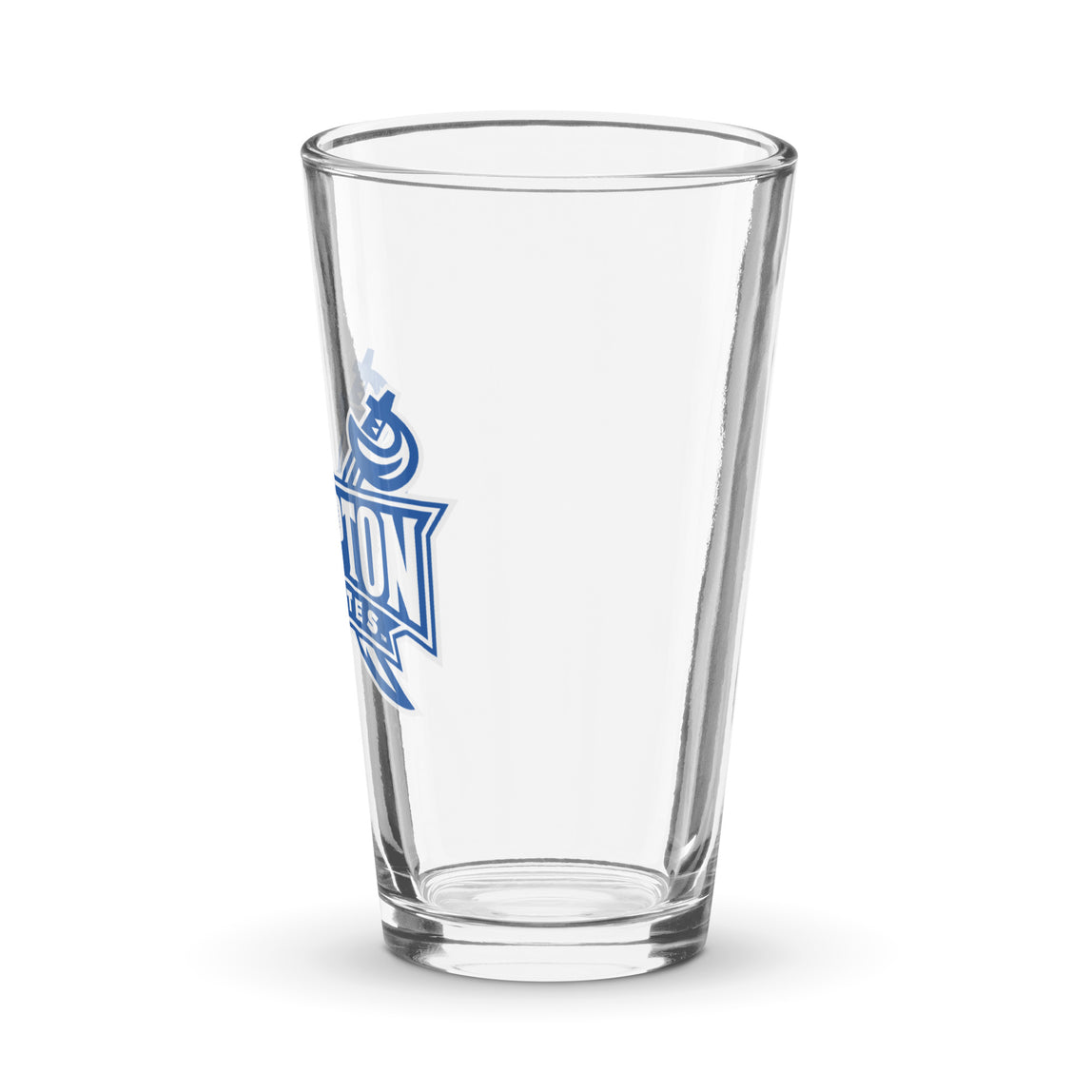 Clear shaker pint glass with blue Hampton Pirates logo on a white background