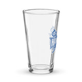 Clear shaker pint glass with blue Hampton Pirates logo on a white background