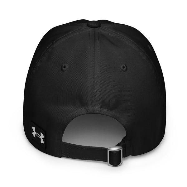 Rear view of black dad hat with HU logo on a white background