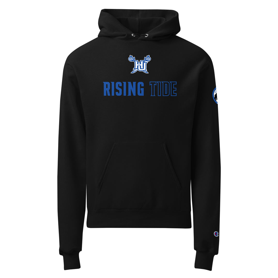 Black hoodie with 'Rising Tide' text and logo on a white background