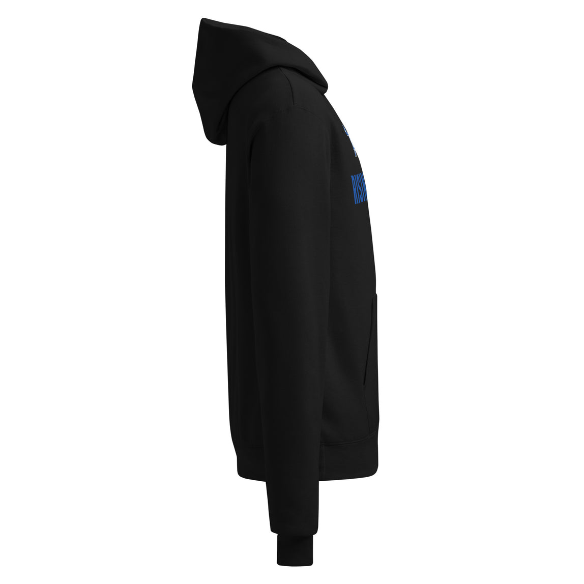 Side view of black hoodie with a small blue logo on the chest against a white background