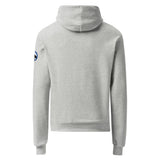 Rear view of gray hoodie with 68 Oak logo on the arm; against a white background.