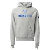 Gray hoodie with 'Rising Tide' text and logos on a white background