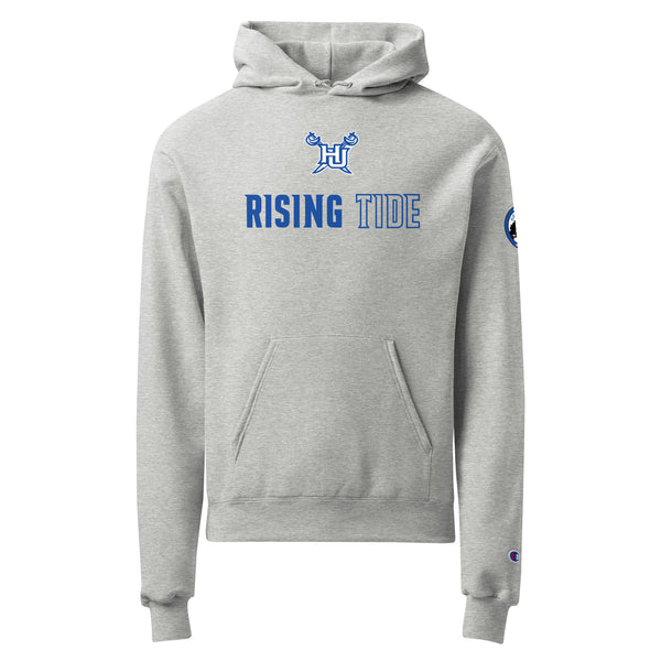 Gray hoodie with 'Rising Tide' text and logos on a white background