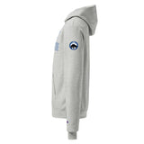 Side view of gray hoodie with a logo on the sleeve against a white background