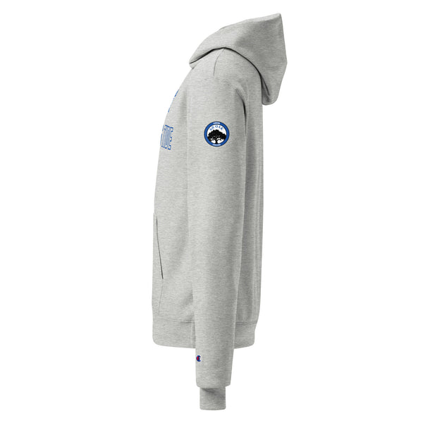 Side view of gray hoodie with a logo on the sleeve against a white background