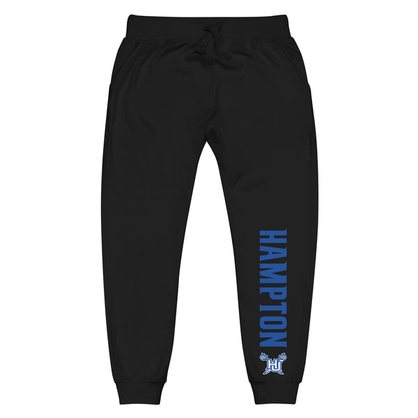 Front of unisex fleece sweatpants in black with Hampton HU Logo.
