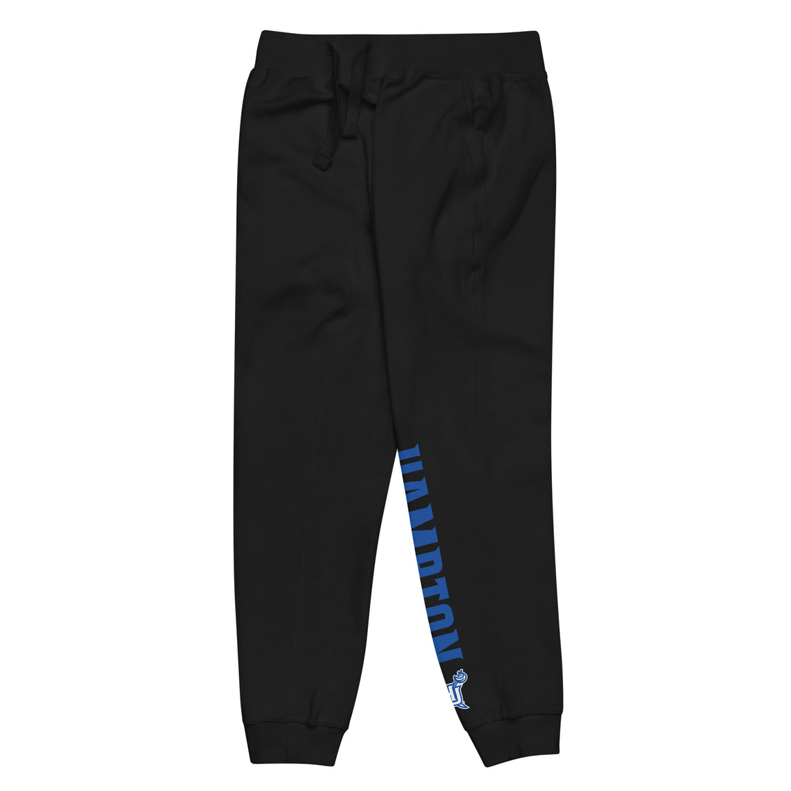 Front left of unisex fleece sweatpants in black with Hampton HU Logo.