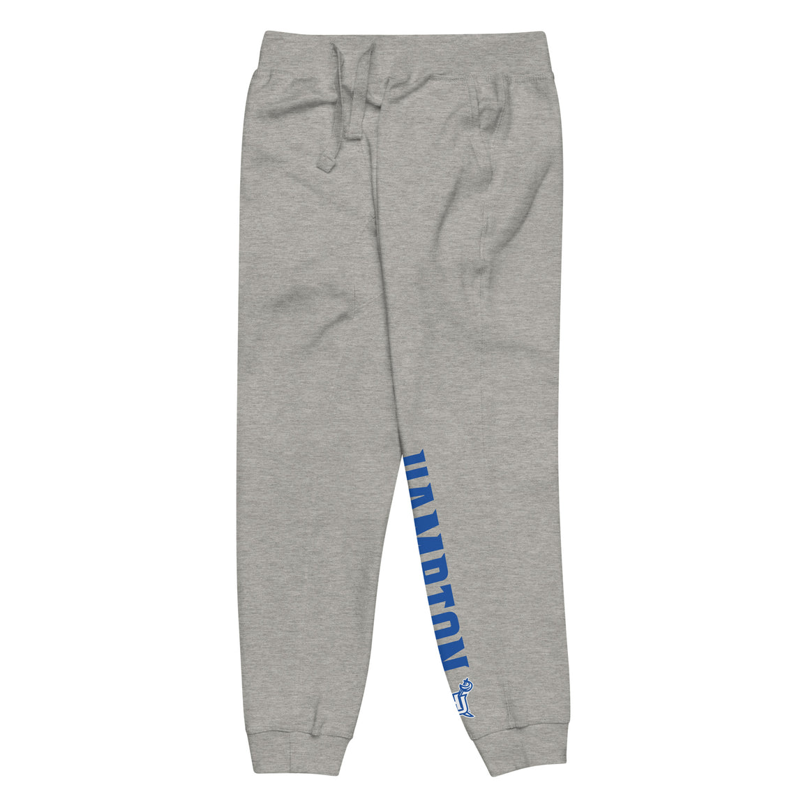Front left of unisex fleece sweatpants in grey with Hampton HU Logo.