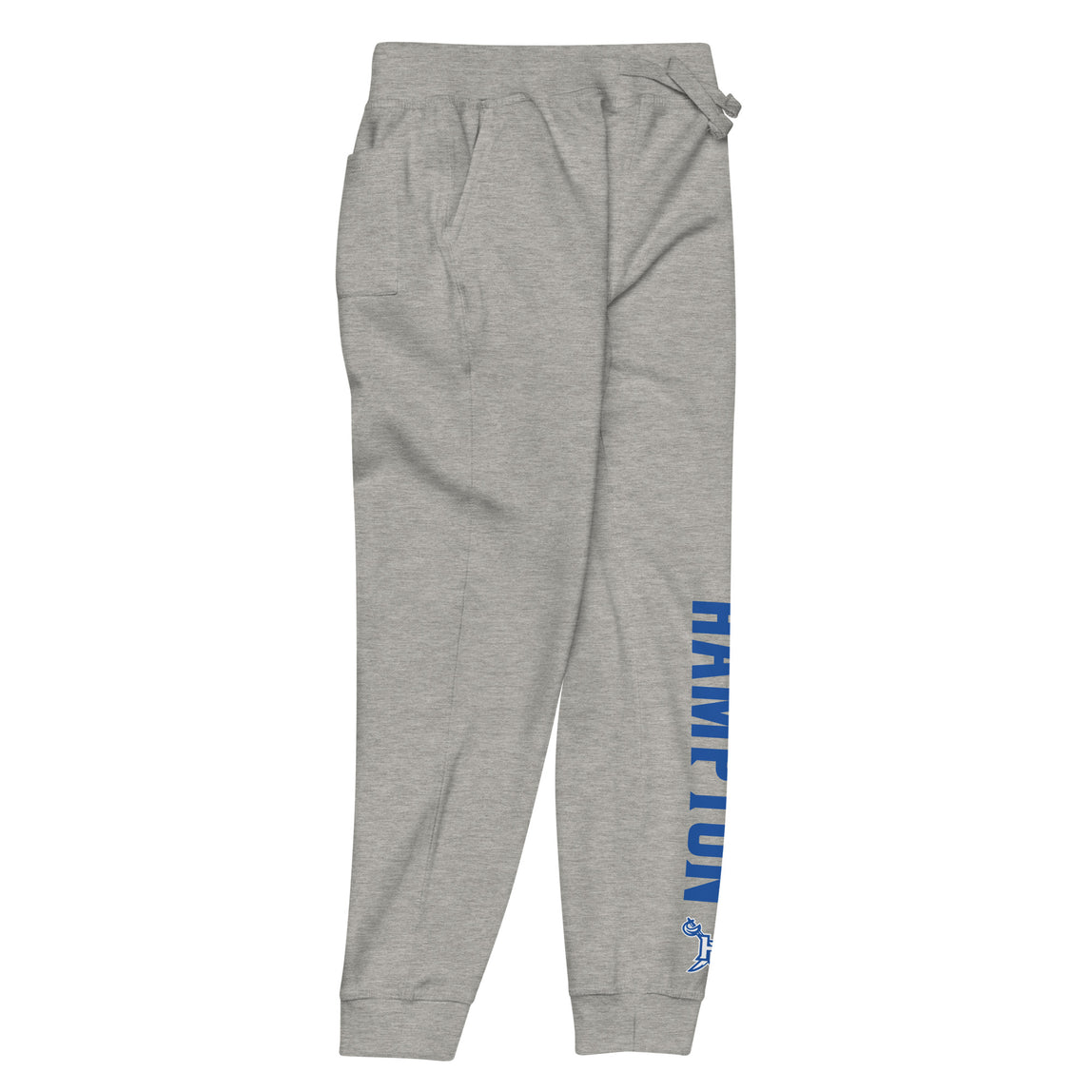 Front right of unisex fleece sweatpants in grey with Hampton HU Logo.