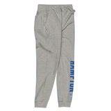 Front right of unisex fleece sweatpants in grey with Hampton HU Logo.